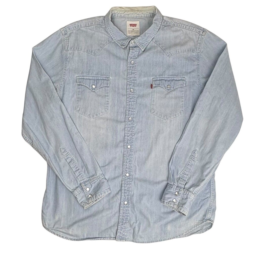 Levi Strauss Pearl Snap Western Light Denim Shirt Modern Fit Cowboy XXL READ